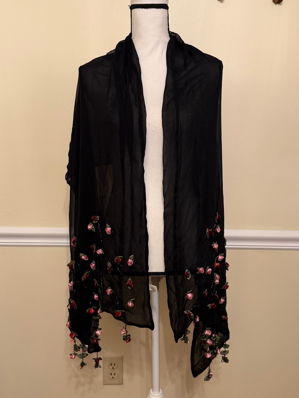 100% Silk Black Floral Embellished Scarf Wrap - Women Beaded Stole Rosette